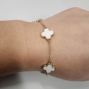 White Enamel Clover Bracelet Dainty Lucky Four-Leaf Charm Bracelet Gold-tone